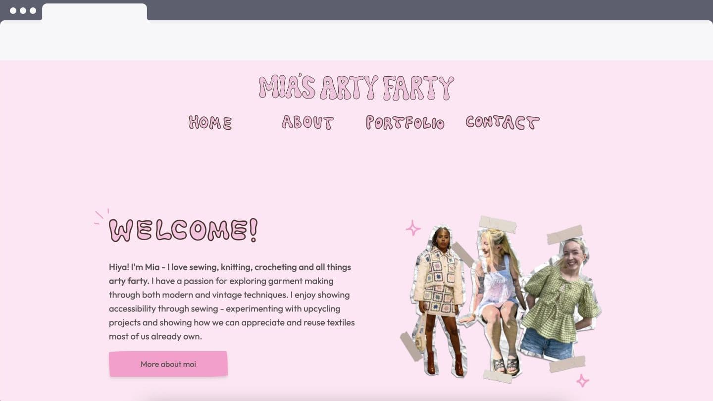 Screenshot showing Mia's Arty Farty in the browser.